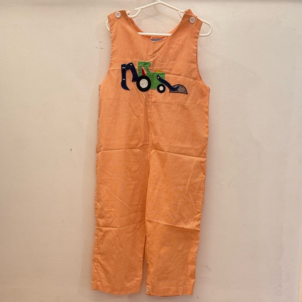 Orange Check Kids Longall with Tractor Applique